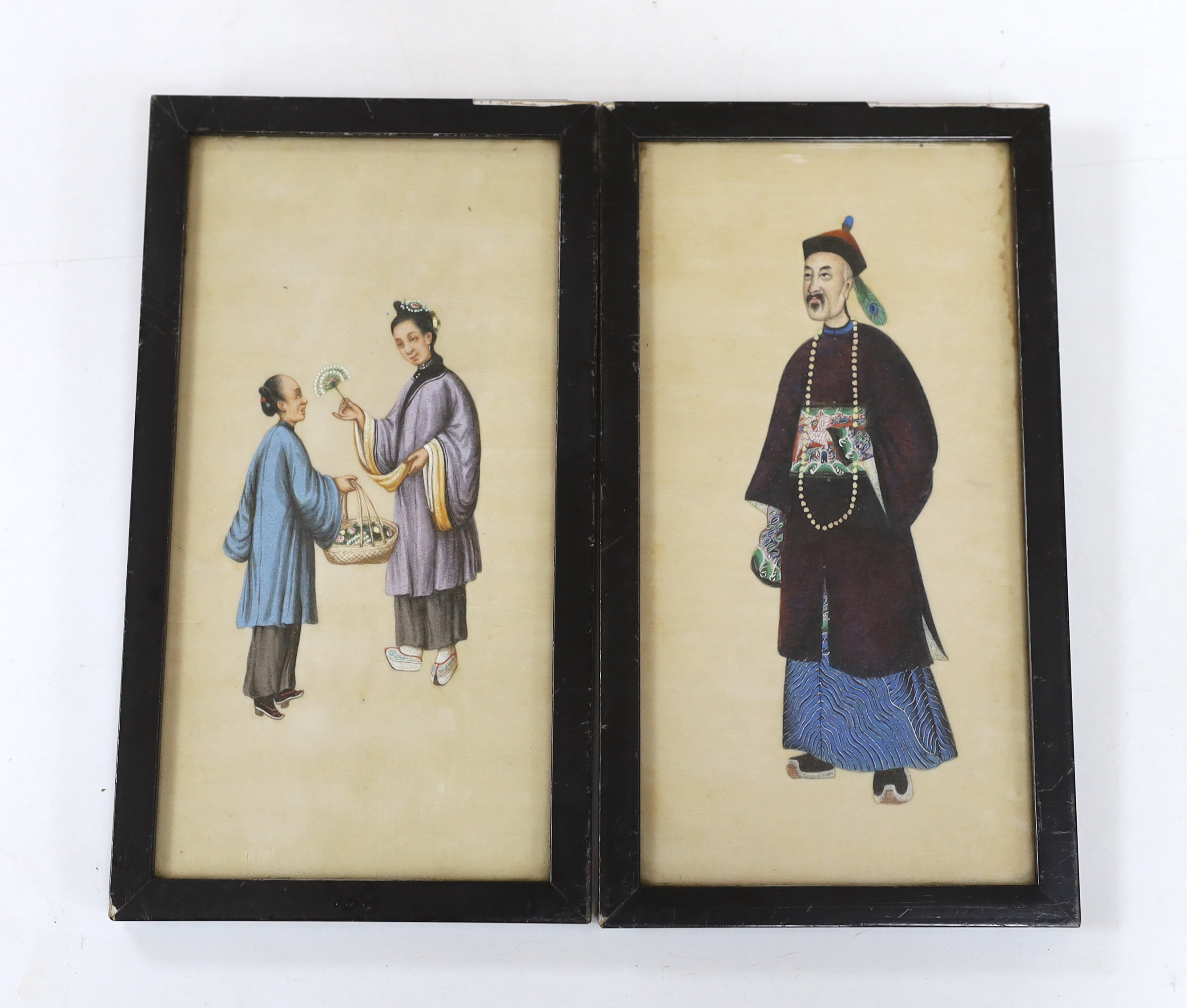 Chinese school, two pith paper paintings, figures, 23 x 12cm